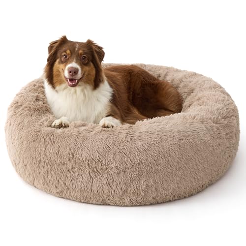 Bedsure SupportMax™ Calming Dog Beds Large Sized Dog - 36in Donut Washable Large Pet Bed,Anti-Slip ＆Removable Cover,420GSM Round Anti-Anxiety Fluffy Plush Faux Fur Bed, Fits up to 80 lbs Pets - color: Camel, size: L(36x36x8)