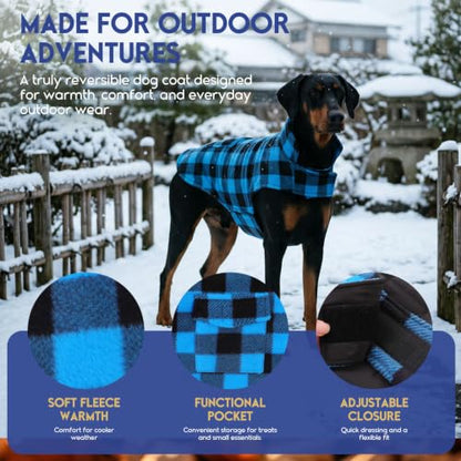 ASENKU Dog Winter Coat, Fleece Doggie Jacket Plaid Reversible Vest Waterproof Windproof Cold Weather Clothes for Small Medium Large Dogs (M, Blue) - color: Blue, size: Medium