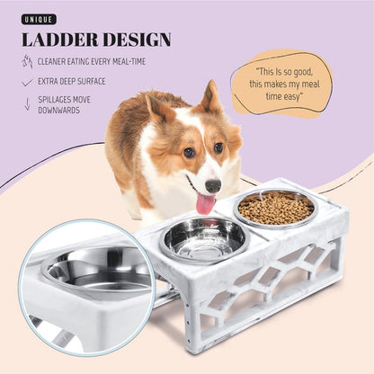 AVERYDAY Elevated Dog Bowls, 4 Height Adjustable Stand for Small and Medium Dogs, Raised Dog Feeder Holder with 2 Stainless Steel Food and Water Bowls, Anti-Slip Base Tall Feeding Station - color: Marble grey stand + 2 food bowls, size: Small