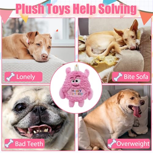 Plush Dog Birthday Toy for Girl Boy Gifts, Crinkle Squeaky Dog Toy Keep Them Busy Tug of War Stuffed Dog Chew Toy for Small Medium Large Dogs (Pink) - color: Pink