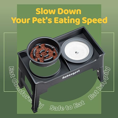 2-in-1 Elevated Dog Bowls, Mess-Proof Slow Feeder with No-Spill Water Bowl, 4 Height Adjustable, 2 Combination Options, Raised Bowl for Small, Medium & Large Dogs (Grey)
