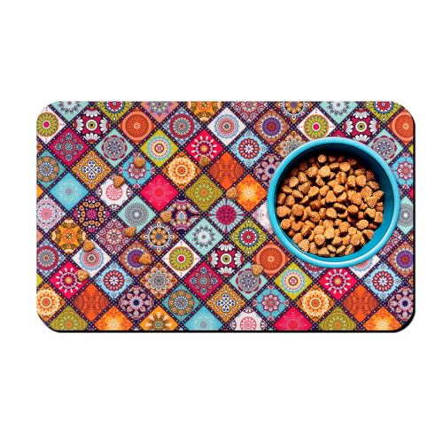 Dog Food Mats for Floors Boho Waterproof Mat for Cat Food and Water Bowls - Absorbent Quick Dry Non Slip Mat for Pet Feeding - color: Boho, size: 24"L x 16"W