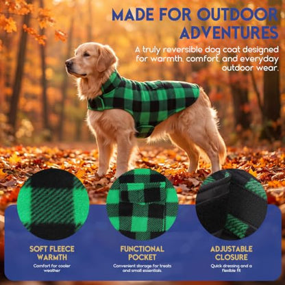 ASENKU Dog Winter Coat, Fleece Doggie Jacket Plaid Reversible Vest Waterproof Windproof Cold Weather Clothes for Small Medium Large Dogs (XS, Green) - color: Green, size: X-Small
