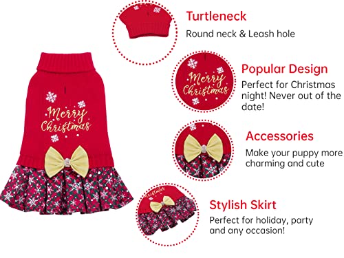 CuteBone Christmas Dog Sweater Dress Turtleneck Puppy Sweater with Bowtie Leash Hole Pullover Winter Dress for Small Dogs - color: Merry Christmas 1, size: X-Small