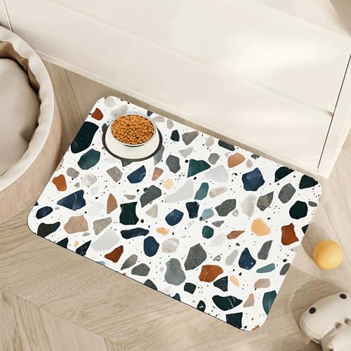 Terrazzo Stone Colorful Dog Cat Food Mat,Absorbent Pet Feeding Mat for Food and Water,Non-Slip Dog Bowl Mats Floor Protector 12"x20" - color: Terrazzo Stone Colorful, size: 20"L x 12"W