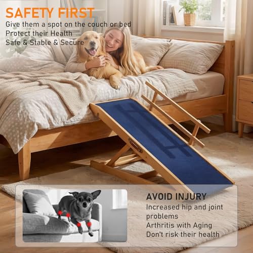Dog Ramp - 7 Adjustable Heights, Portable with Leather Handle, Anti-Slip Design for Beds, Couches & Cars - Perfect for Small & Large Dogs - size: 115 CM LONG with Guardrails