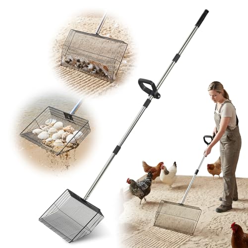 AiQInu 2-in-1 Chicken Poop Scooper & Rake, Adjustable Stainless Steel Poop Scoop with 24"-90" Long Handle, Sifting Shovel for Chicken Coop, Goat Stall & Stable Cleaning