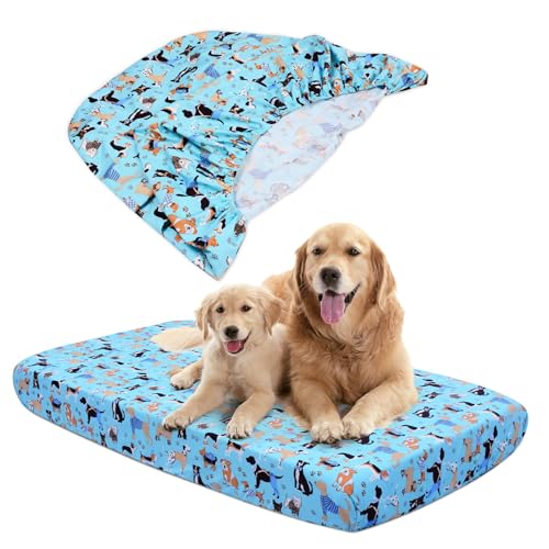 Replacement Dog Bed Covers Elastic Edged Washable Pet Bed Protector with Cute Dog Pattern Design for Small & Medium Pet Beds, Cover Only (Blue, 52x28x5 Inch) - color: Blue, size: 52.0"L x 28.0"W x 5.0"Th