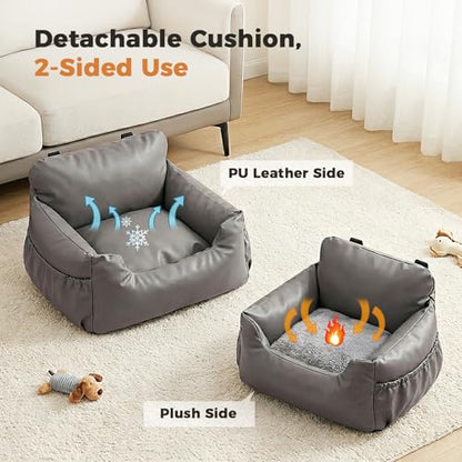 PAWZ Road Dog Car Seat, Pet Car Bed for Travel&Home, Waterproof Leather Dog Booster Seat with Safety Belts & Storage Pocket, Grey - size: Large