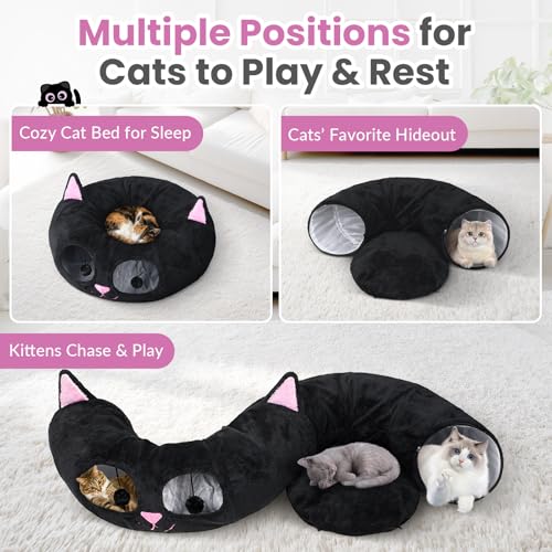 Cat Tunnel Bed for Indoor Cats, Peekaboo Cat Cave with Washable Soft Play Mat, Furry Cat Tube, for Kitten/Puppy/Rabbit, Kitten Series Black Pink - color: Black Pink