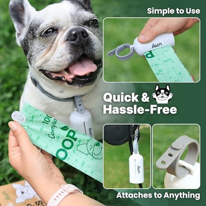 JIWON Dog Poop Bag Dispenser with 100% Compostable Refill Roll, Thick & Leakproof, Plant-Based, Fits Any Leash, 1 Dispenser and 15 Bags (1 Roll), Unscented - style: Dispenser