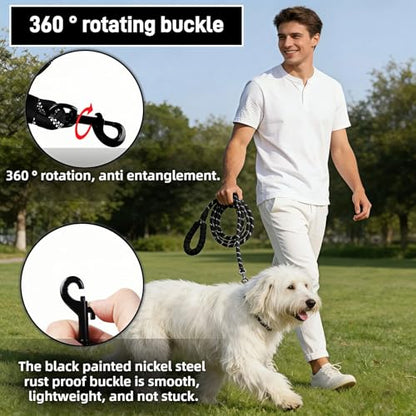 Heavy Duty Dog Leash, Black, High-Density Nylon Rope, 6 ft, Padded Foam Handle, Reflective, 360° Rotating Metal Buckle