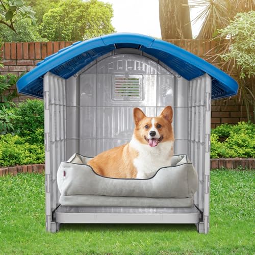 28 inch Raised Plastic Dog House, Outdoor Indoor Doghouse with Adjustable Sunroof and Elevated Base, Water Resistant Pet House Animal Puppy Shelter Kennel for Small Medium Dogs, Blue & White