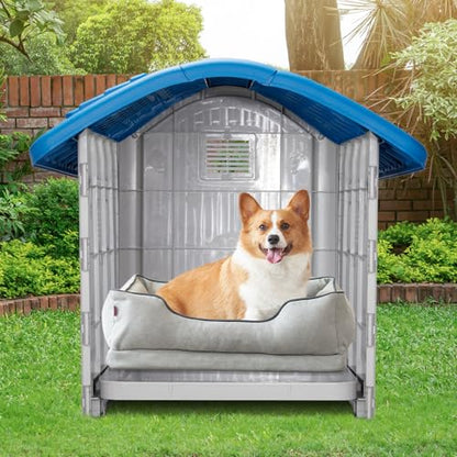 28 inch Raised Plastic Dog House, Outdoor Indoor Doghouse with Adjustable Sunroof and Elevated Base, Water Resistant Pet House Animal Puppy Shelter Kennel for Small Medium Dogs, Blue & White
