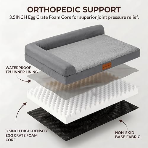 Patas Lague Orthopedic Dog Bed Medium Size Dog 30''X20'', Waterproof L Bolster Medium Pet Sofa Beds with Removable Washable Cover, Soft Pet Couch Crate Mat with Nonskid Bottom, Grey - color: Grey, size: 30"L x 20"W x 3.5"Th