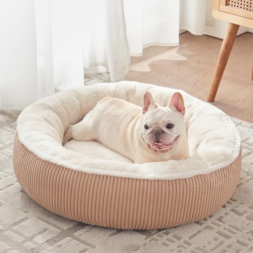 30 inches Donut Dog Bed for Medium Dogs,Calming Round Pet Bed with Removable & Washable Cover,Plush Faux Fur & Corduroy, Fits up to 30 lbs Pets(Brown,Medium) - color: Brown, size: 30.0"L x 30.0"W x 8.0"Th
