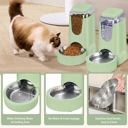 2 Pack Automatic Cat Feeder and Stainless Steel Water Dispenser, Gravity Dog Waterer Set Food Feeder and Waterer Set for Small Medium Kitten Puppy Pets(1 Gallon x 2, Green) - color: 1 Gallon x 2 - Green