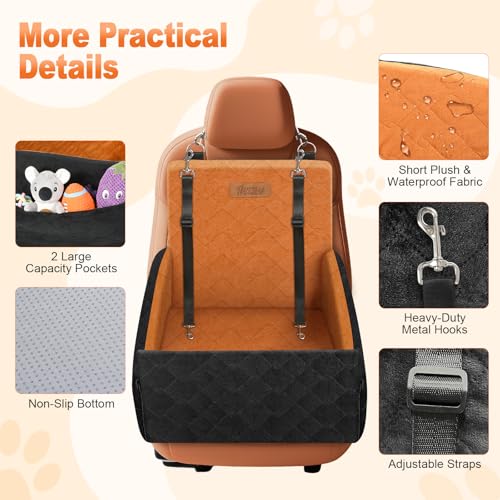 Elevated Dog Car Seat, Dog Booster Car Seats for Small & Medium Breeds Up to 35lbs, Fully Detachable and Washable, Soft Foam Pet Carseat with 2 Storage Pockets & 3 Safety Belts, Black + Brown - color: Black + Brown