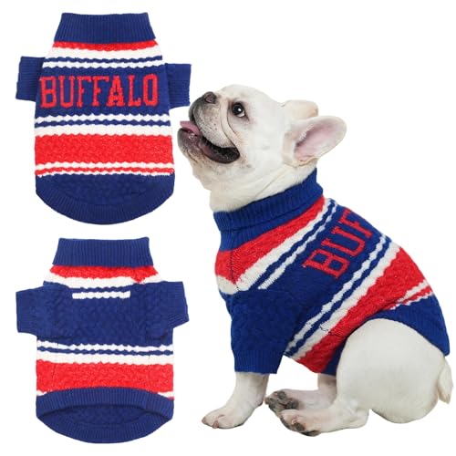 Buffalo Small Dog Sweater Football Theme Turtleneck Knit Dog Sweaters for Small Pets Warm Winter Cat Dog Clothes - color: blue&red, size: Medium