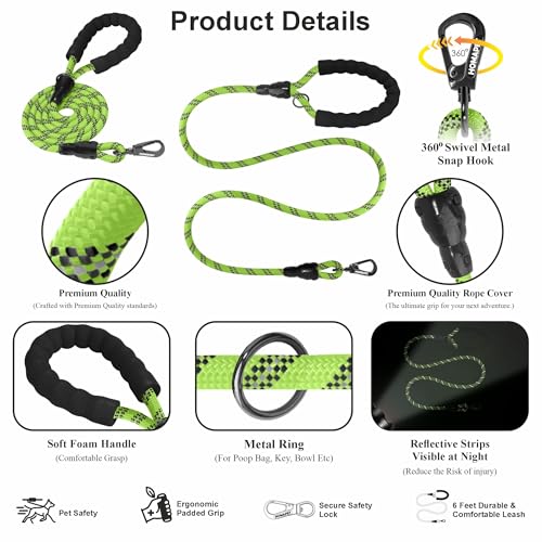 Homapet. Braided Rope Dog Leash 6 Ft with Comfortable Padded Handle Reflective Threads with Poop Bag Dispenser for Large Dogs (Green/Black 6FT-1/2) - color: Green/ Black