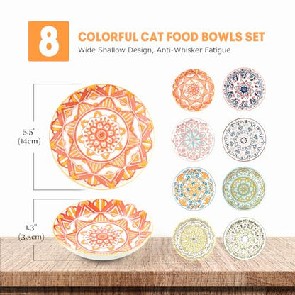 YEAHGO Cat Food Bowls for Indoor Cats Ceramic Cat Bowls Whisker Friendly Cat Dishes for Food and Water 5.5 Inches Kitten Bowls Cute Cat Feeding Bowls Set 8 Cat Wet Food Bowl Set Shallow Cat Plate - size: Boho–8 Pack