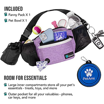 PetAmi Dog Fanny Pack, Treat Pouch for Dog Walking, Training, Built in Poop Bag Dispenser, Water Bottle Holder, Collapsible Bowl, Pet Treat Waist Belt for Hiking, Running, Kibbles (Purple) - color: Purple