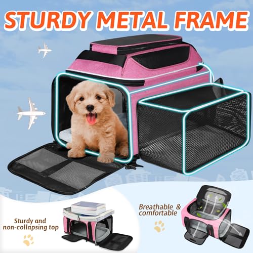 Petskd Top and Side Expandable Pet Carrier 18x11x11 Inches Delta United Airline Approved, Soft-Sided Carrier for Small Cats and Dogs with Locking Safety Zippers and Anti-Scratch Mesh(Pink) - color: Pink, size: 18.0"L x 11.0"W x 11.0"H