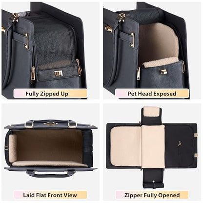 Dog Purse Carrier for Small Dogs, Stylish Foldable Pet Carrier Purse Tote Bag with Washable Cushion & Safety Leash, Airline Approved Puppy Travel Bag with Pockets (Black) - color: Black