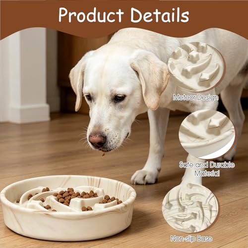 Slow Feeder Dog Bowls Ceramic– 2 Cup Slow Feeding Bowl for Small and Medium Breed, Puzzle Dog Food Bowl for Fast Eater,Brown Marble Pattern