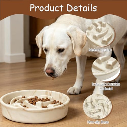 Slow Feeder Dog Bowls Ceramic– 2 Cup Slow Feeding Bowl for Small and Medium Breed, Puzzle Dog Food Bowl for Fast Eater,Brown Marble Pattern