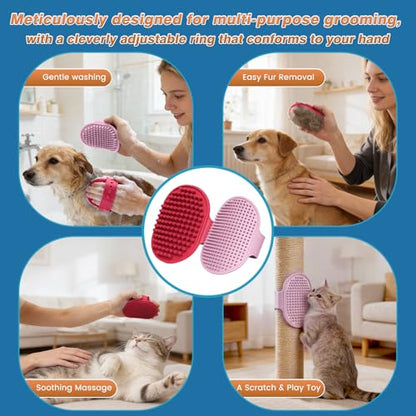 7 PCS Pet Grooming Kit for Dogs and Cats | Dog Washing Gloves | Dog Bath Brush | Cleanroom Gloves | Dog Shampoo Brush | Finger Toothbrushes | Storage Bag | All-in-One Pet Care (Pink) - color: Cherry Blossom Pink