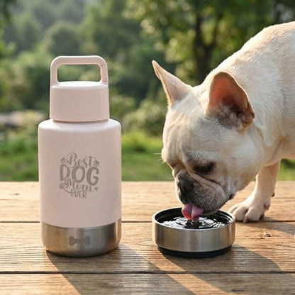 32oz Insulated Dog Water Bottle Dispenser, 3-in-1 Stainless Steel Travel Cup with 2 Detachable Food and Water Bowls, Leak Proof Large Pet Gear, Dog Mom Gift for Dog Lovers - color: pink dog mom