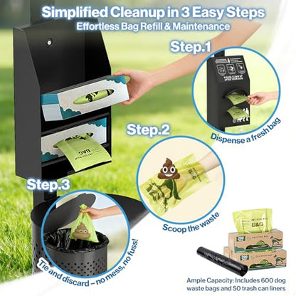 POCHAR Dog Waste Station with 600 Bags, 10 Gallon Outdoor Trash Can, Waterproof Poop Disposal Bin with Sign and Lid for Park, Trail, Yard