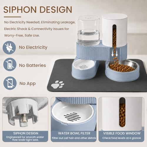 Gravity Cat Feeder 2 Pack Automatic Food Feeder Stainless Steel Water Dispenser Set 360 Degree Rotatable Pet Bowls with Silicone Mat for Cats Small Medium Dogs, Large Capacity(Blue) - color: Blue-With mat
