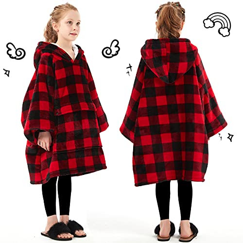 KFUBUO Wearable Blanket Hoodie for Kids Sherpa Patterns Oversized Sweatshirt Blanket With Pocket 6-10 Year Old Girl Boy Red Plaid - color: Red Plaid, size: Kids 6-10YR