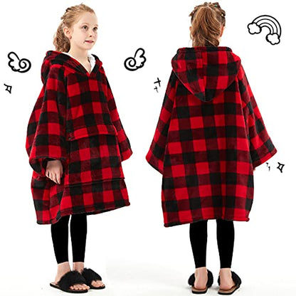 KFUBUO Wearable Blanket Hoodie for Kids Sherpa Patterns Oversized Sweatshirt Blanket With Pocket 6-10 Year Old Girl Boy Red Plaid - color: Red Plaid, size: Kids 6-10YR