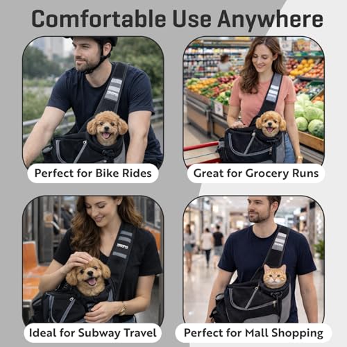 Hands-Free Sling Pet Carrier for Cats and Small Dogs up to 7lbs – Travel Set Includes Foldable Water Bowl & ID Card – Breathable Mesh, Safety Hook & Adjustable Padded Strap for Walking & Travel - color: Black