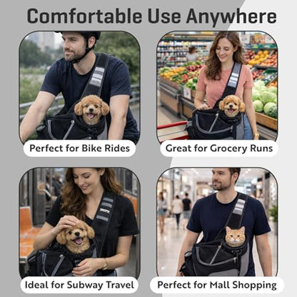 Hands-Free Sling Pet Carrier for Cats and Small Dogs up to 7lbs – Travel Set Includes Foldable Water Bowl & ID Card – Breathable Mesh, Safety Hook & Adjustable Padded Strap for Walking & Travel - color: Black
