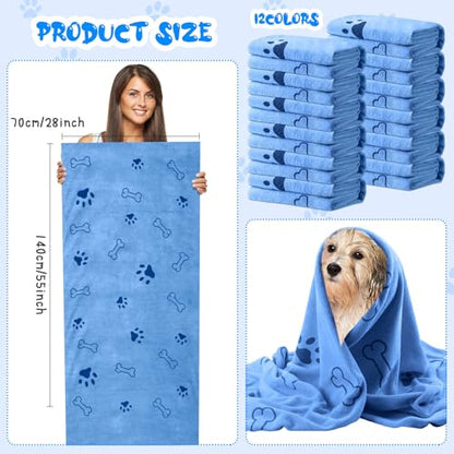 Tatuo 12 Pcs Dog Grooming Towels 28 x 55 Inch Microfiber Drying Pet Bath Towels Dog Absorbent Towel Quick Drying Puppy Bathing Supplies for Small Medium Large Puppy Cat(Blue,Paw, Bone) - color: Blue, Paw