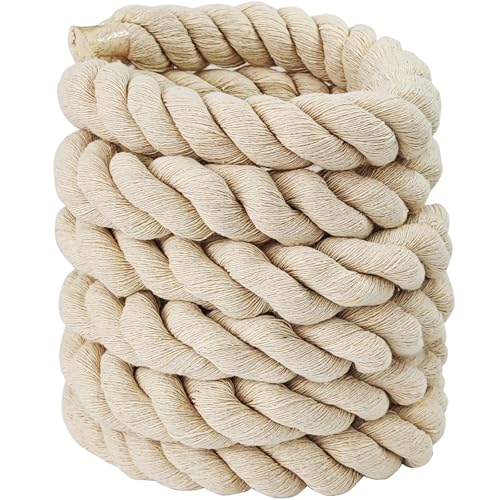 Natural White Cotton Rope 4/5 inch x 10 ft,Tug of War Rope,Strong Triple-Strand Rop Twisted Cotton Ropes for DIY Crafts Decoration,Swing,Tug of War,Pet Toys