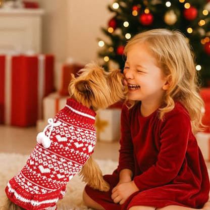 Dog Christmas Sweater Dress with Leash Hole Turtleneck Xmas Girl Dog Clothes Soft Pet Dogs Outfits Warm Fall Winter Puppy Knitted Pullover for Small Medium Dogs Cats（Red Heart,X-Small） - color: Red Heart, size: X-Small