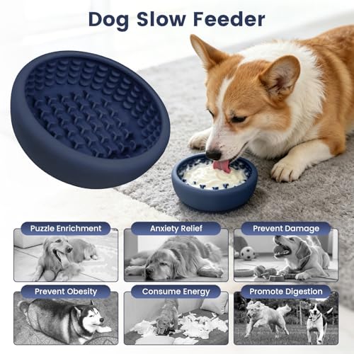 Dog Licking Bowl,Slow Feeder Dog Freeze Bowl, Anxiety Relief Treat Dispenser, Silicone Anti-chocking Pet Dish, Non-Slip Interactive Entertainment Puzzle Toy for Mediuml&Large -Dark Blue - color: deep blue, size: L