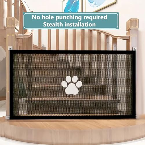 Cat Dog Gate Indoor Flexible Pet Gate for Stairs No Drilling Antis Fence, Dog Gates for Doorways Extra Wide, Indoor Isolation Net Stair, Safety Fence Door for Pets 71x31in Black