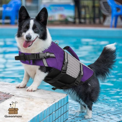 Queenmore Dog Life Jacket Swimming Vest Lightweight High Reflective Pet Lifesaver with Lift Handle, Leash Ring Purple,XS - color: Purple, size: X-Small