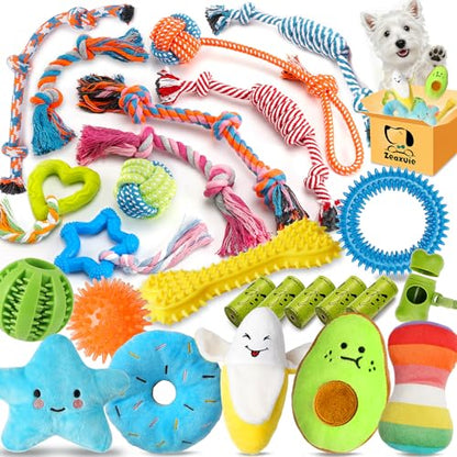 Zeaxuie 25 Pack Luxury Dog Chew Toys for Puppy, Dog Toys with Ropes, Treat Ball and Squeaky Puppy Toys for Teething Small Dogs - color: 25 Pack (Value-Toys)