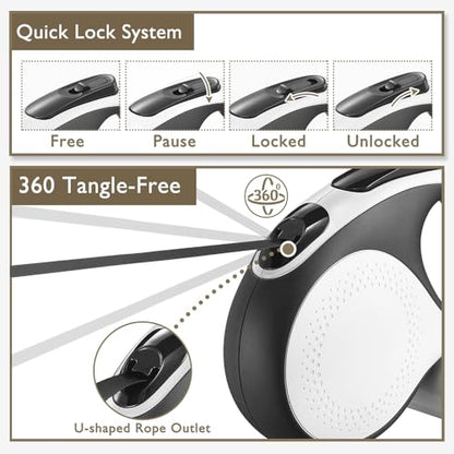 Retractable Dog Leash with Chew Proof Cable,26 ft Durable Dog Leash for Large Medium Dogs up to 110 lbs, 360° untangled, One-Handed Brake. (White) - color: White, size: 26ft