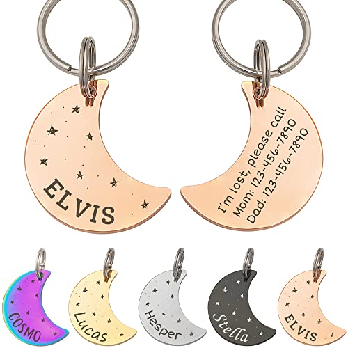 Anavia Starry Sky Theme Pet ID Tags in Half Moon & Star Shape, Personalized Dog Name Tag Cat Tag, Glossy Stainless Steel Gold Plated Black Rainbow Dog Collar Tag (Medium, Moon Shape, Rose Gold) - color: Rose Gold, size: Medium, style: Moon Shape