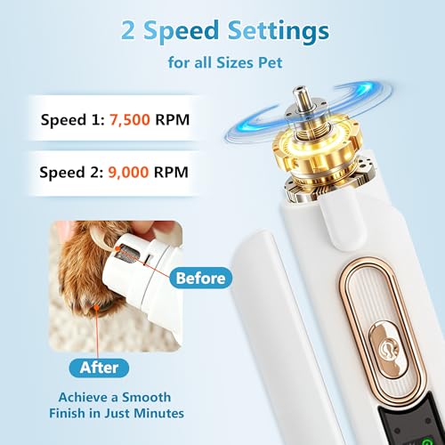 2-in-1 Dog Nail Grinder & Clipper - Quiet Electric Trimmer with Light, 2 Speeds, Rechargeable for Small Medium Large Dogs & Cats | Splash Guard & Safety Lock, Painless Grooming Tool