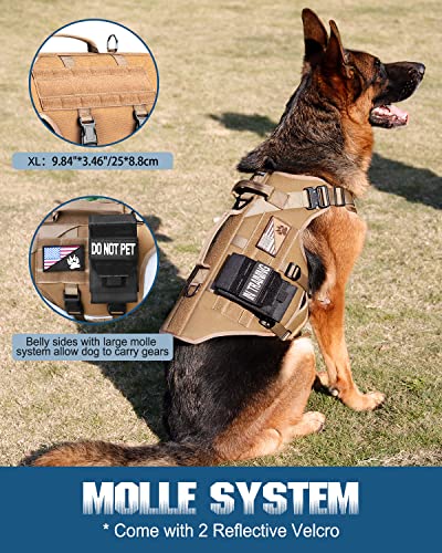 Tactical Dog Harness - PETNANNY Service Dog Vest for Large Dogs Fully Body Coverage in Training Dog Harness with 2 Reflective Dog Patches, Handle, Hook and Loop Panels, Dog MOLLE Vest (Khaki, XL) - color: Khaki, size: Extended Back XL (Chest: 31-49", Neck