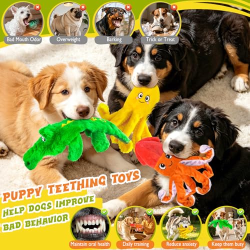 WOWBALA No Stuffing Dog Squeak Toys-3 Pack Plush Crinkle Interactive Puppy Chew Toys, Cute Octopus & Crocodile Toys for Small Medium Dogs,Boredom Relief, Anxiety Reducing - color: Multicolour
